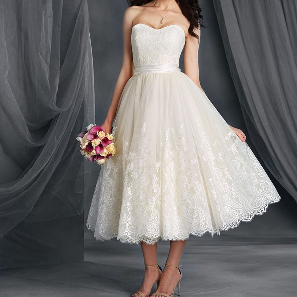 Tea-Length Audrey Hepburn Modern Vintage Hi-Lo Lace Wedding Dress, A-Line